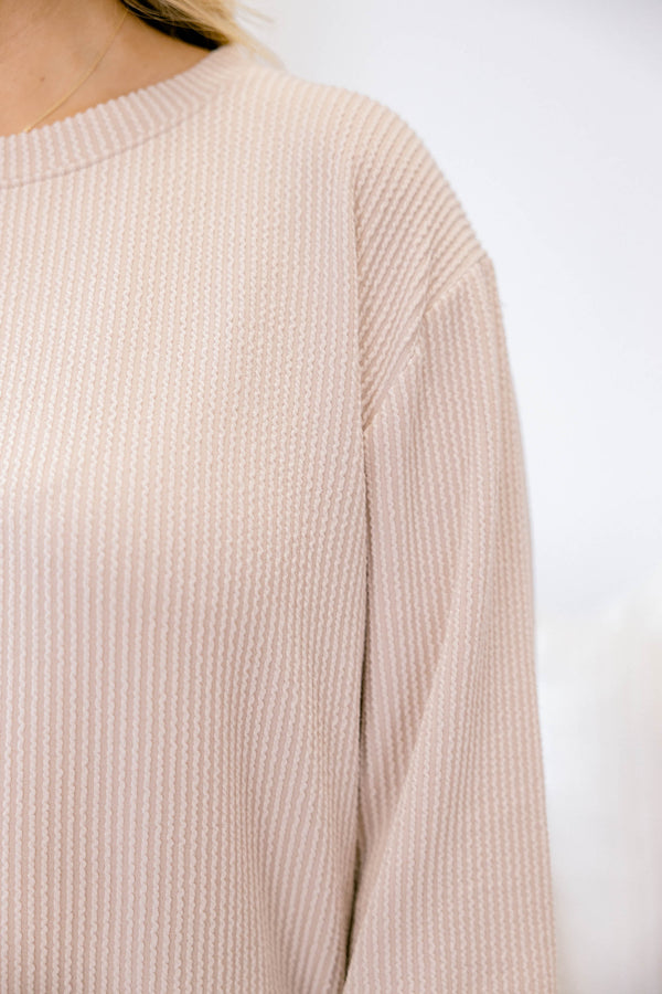 Chic Soul plus size clothing, light tan long sleeve casual crewneck top with ribbed material