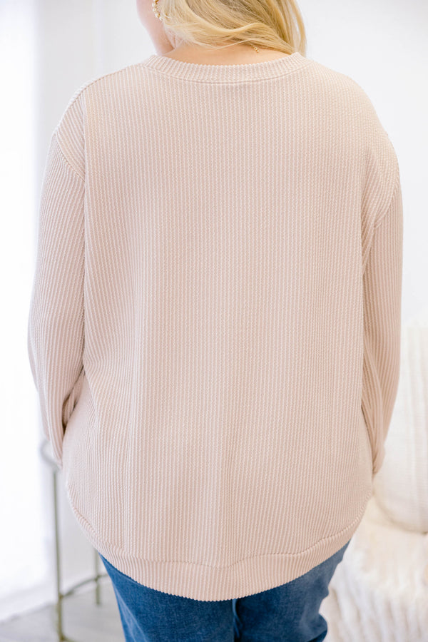 Chic Soul plus size clothing, light tan long sleeve casual crewneck top with ribbed material