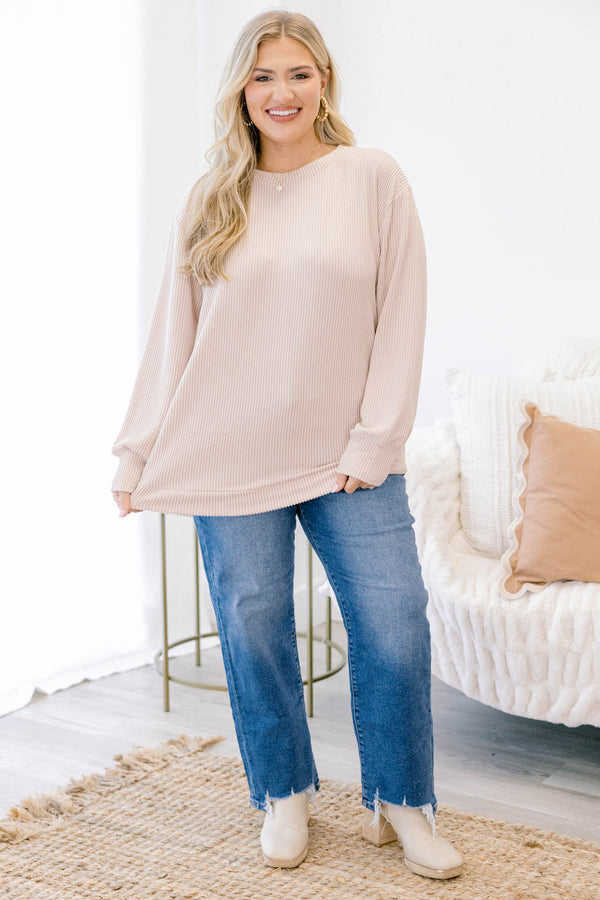 Chic Soul plus size clothing, light tan long sleeve casual crewneck top with ribbed material