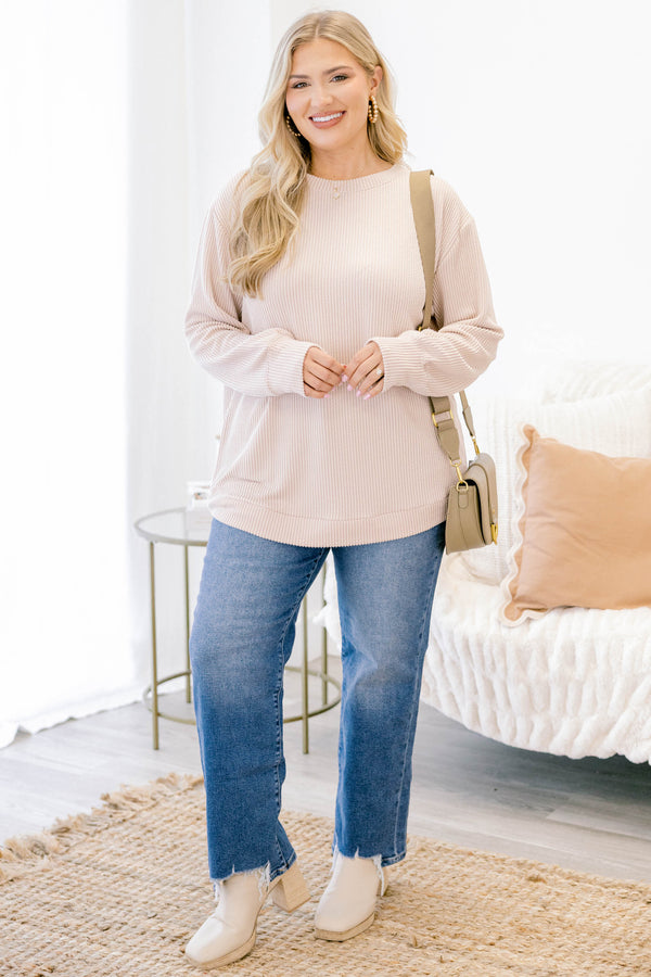 Chic Soul plus size clothing, light tan long sleeve casual crewneck top with ribbed material