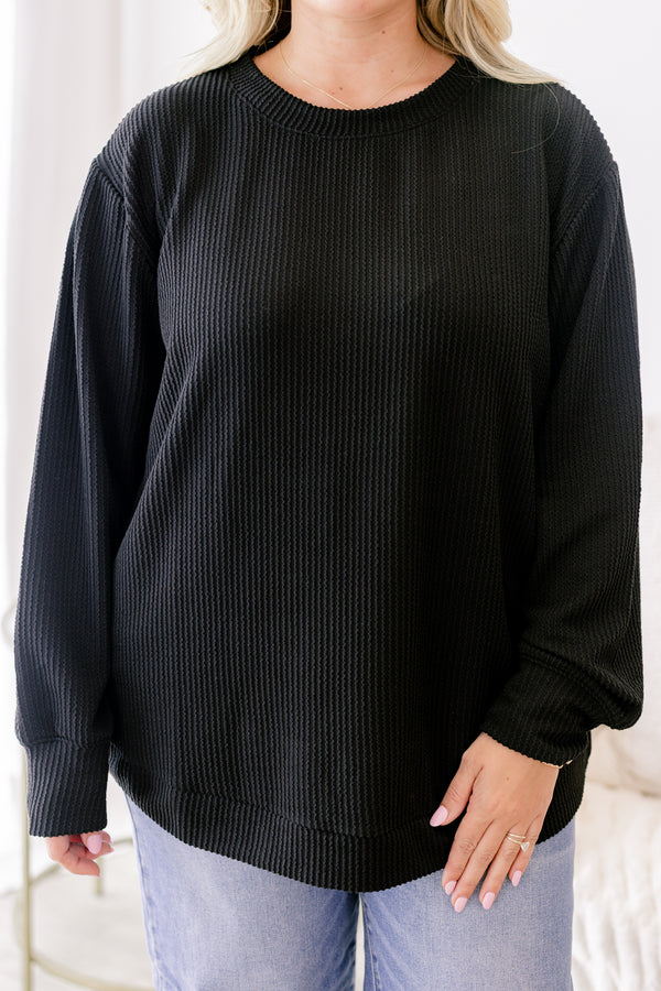 Chic Soul plus size clothing, black ribbed long sleeve casual top