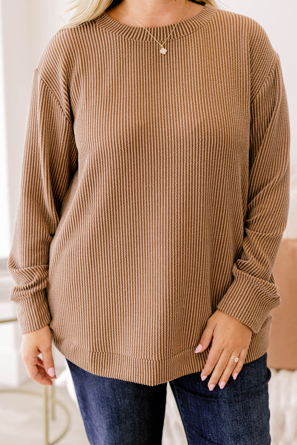 Chic Soul plus size clothing, brown long sleeve ribbed textured top