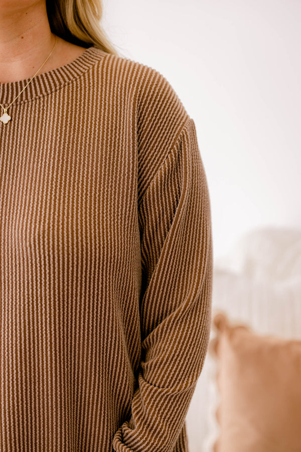 Chic Soul plus size clothing, brown long sleeve ribbed textured top