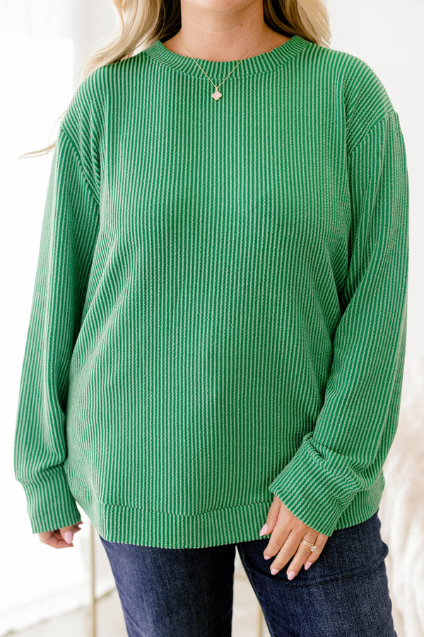 Chic Soul Plus size clothing, green ribbed casual long sleeve top