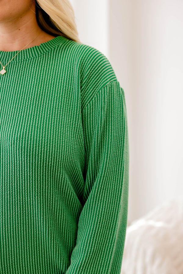 Chic Soul Plus size clothing, green ribbed casual long sleeve top