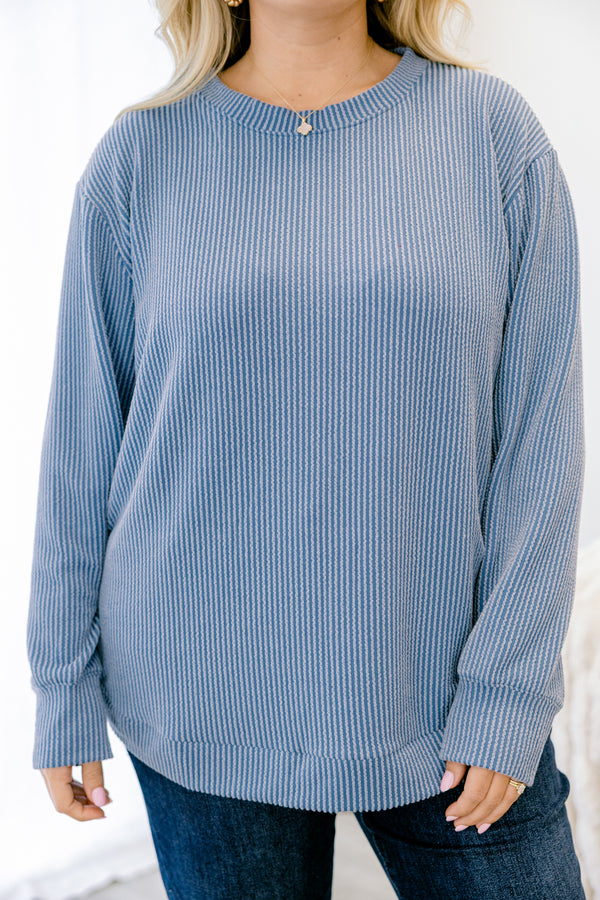 Chic Soul plus size clothing, dusty blue ribbed long sleeve top