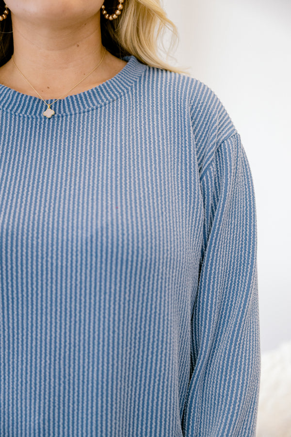 Chic Soul plus size clothing, dusty blue ribbed long sleeve top