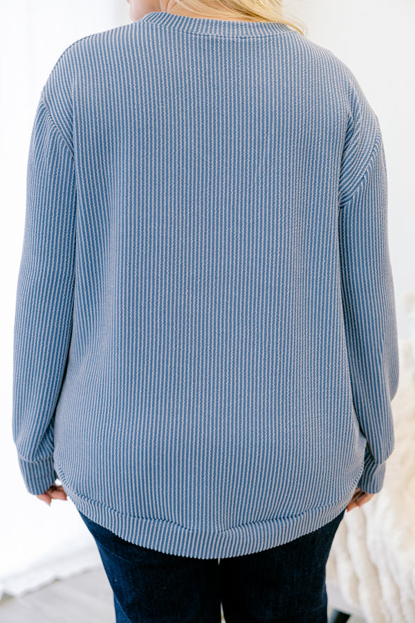 Chic Soul plus size clothing, dusty blue ribbed long sleeve top