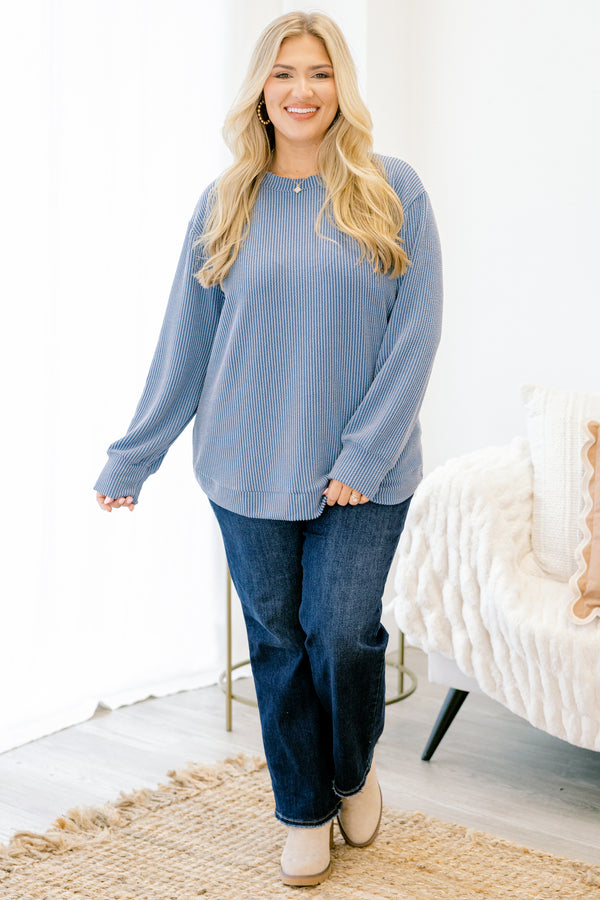 Chic Soul plus size clothing, dusty blue ribbed long sleeve top
