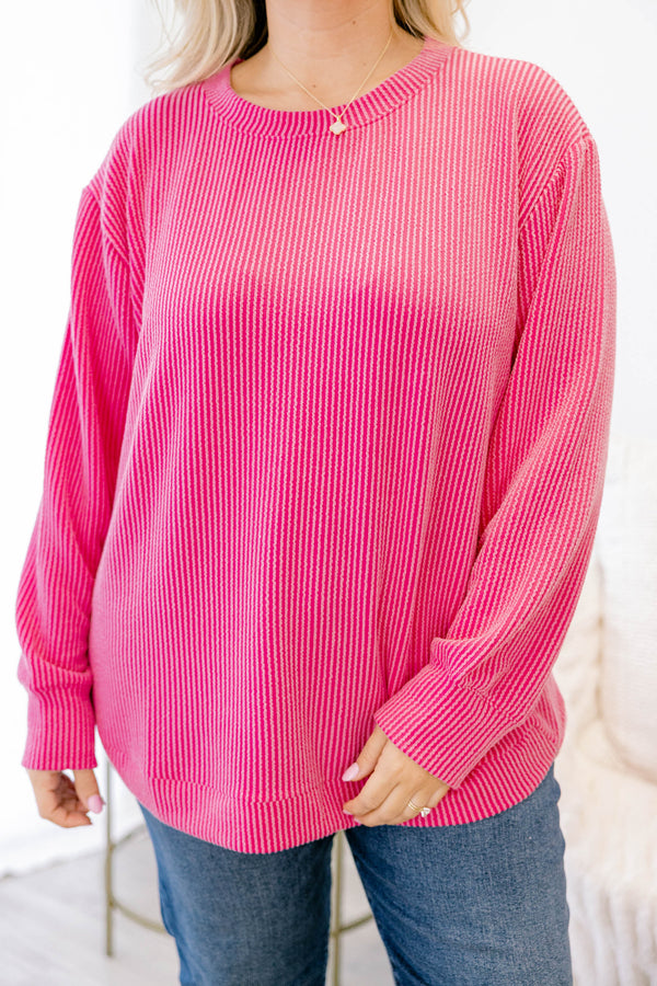 Chic Soul plus size clothing, bright pink ribbed long sleeve casual top