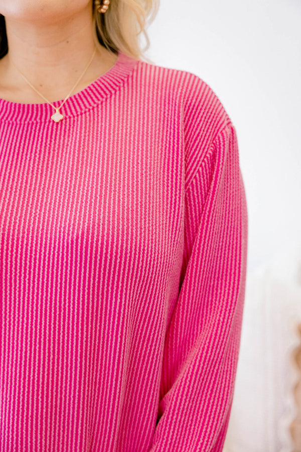 Chic Soul plus size clothing, bright pink ribbed long sleeve casual top