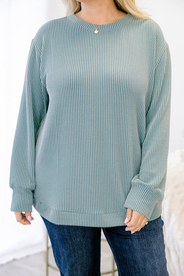 Chic Soul plus size clothing, dusty teal long sleeve casual crewneck top with ribbed material