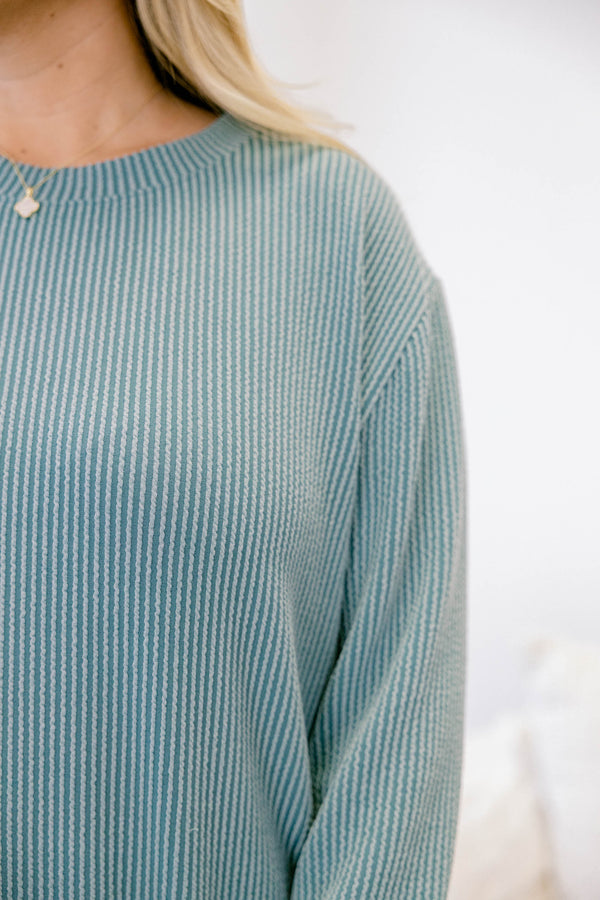 Chic Soul plus size clothing, dusty teal long sleeve casual crewneck top with ribbed material