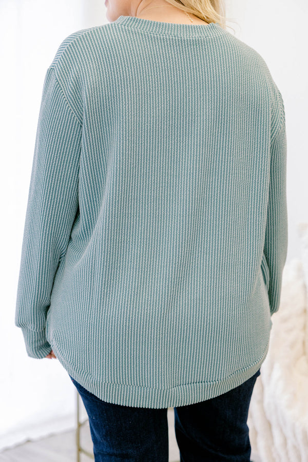 Chic Soul plus size clothing, dusty teal long sleeve casual crewneck top with ribbed material