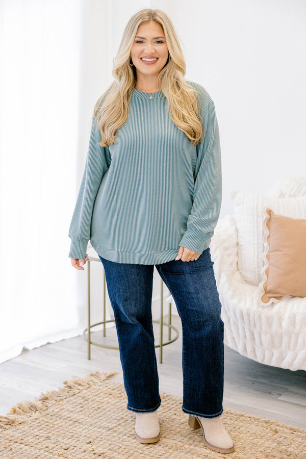 Chic Soul plus size clothing, dusty teal long sleeve casual crewneck top with ribbed material