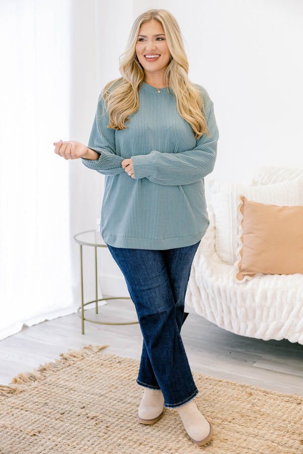 Chic Soul plus size clothing, dusty teal long sleeve casual crewneck top with ribbed material