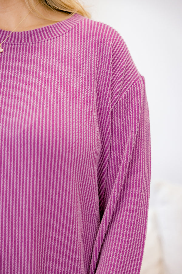 Chic Soul plus size clothing, bright purple ribbed long sleeve casual top