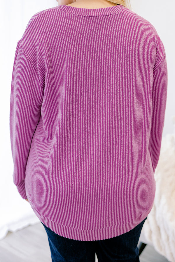 Chic Soul plus size clothing, bright purple ribbed long sleeve casual top