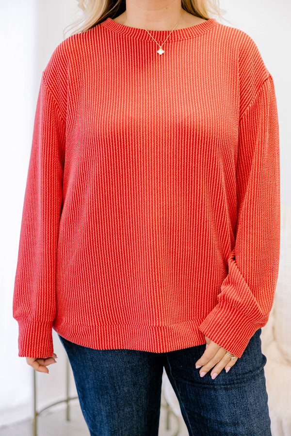 Chic Soul plus size clothing, bright red long sleeve ribbed casual top