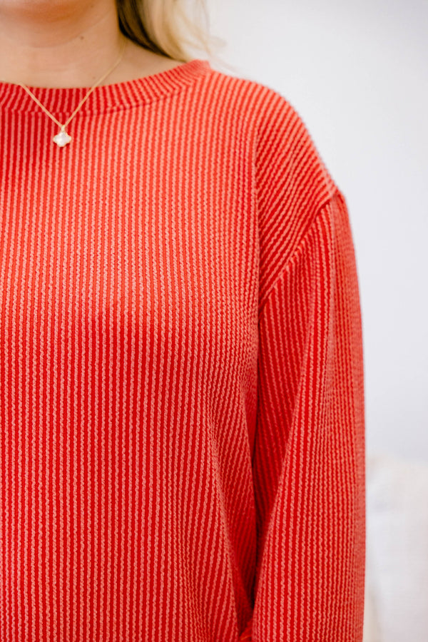 Chic Soul plus size clothing, bright red long sleeve ribbed casual top