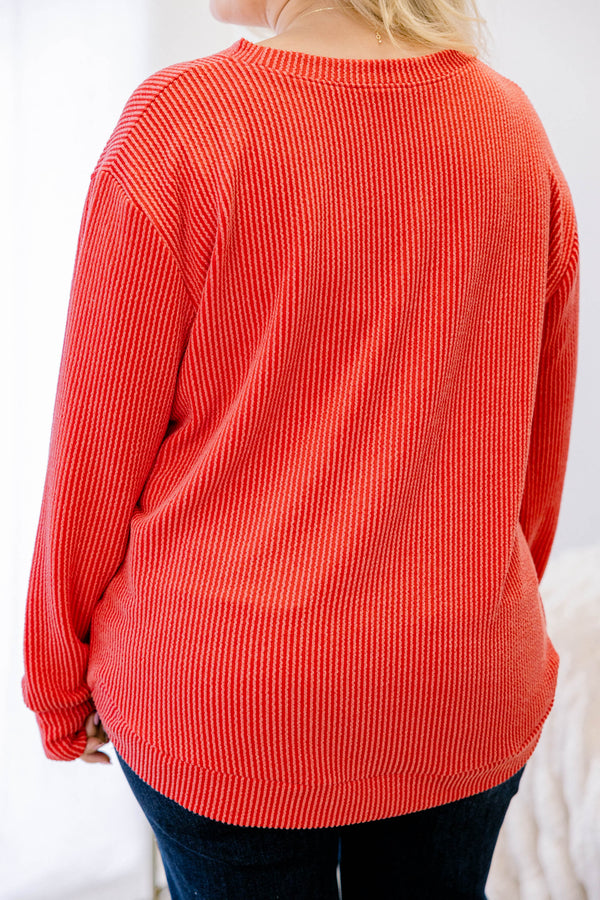 Chic Soul plus size clothing, bright red long sleeve ribbed casual top