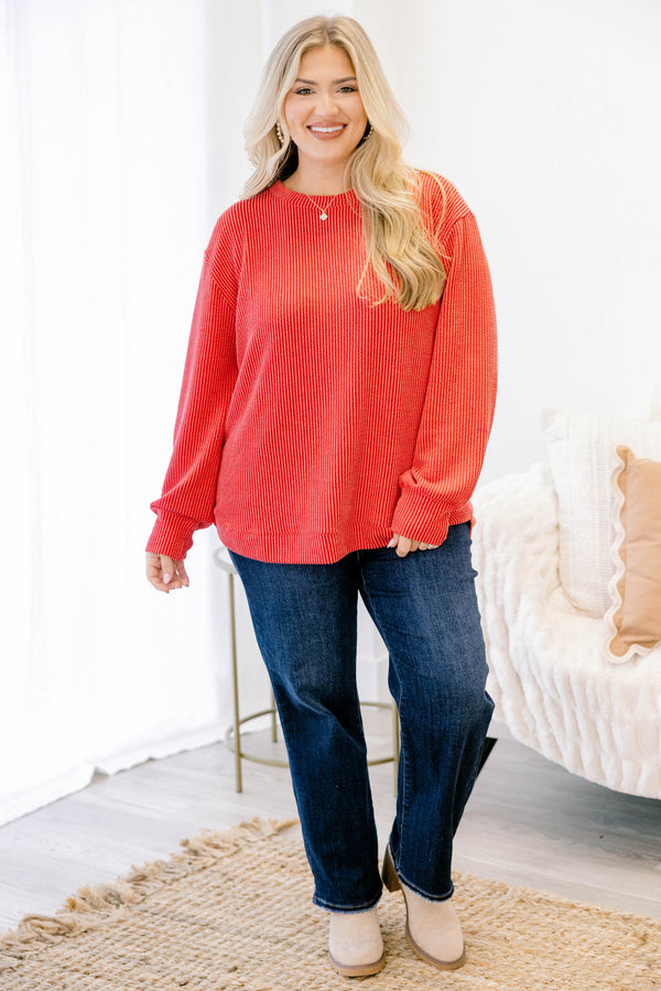Chic Soul plus size clothing, bright red long sleeve ribbed casual top