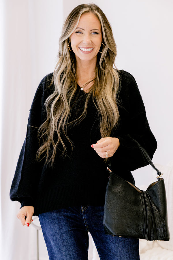 Chic Soul plus size clothing, black long sleeve sweater with a slight v-neckline 