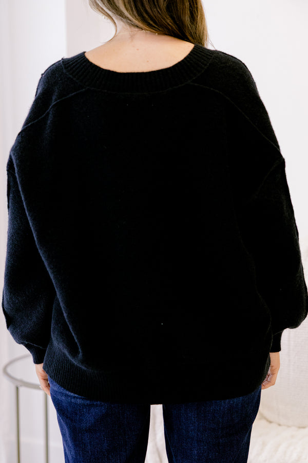 Chic Soul plus size clothing, black long sleeve sweater with a slight v-neckline 