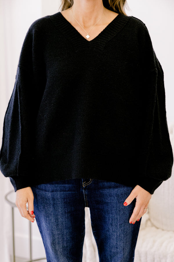 Chic Soul plus size clothing, black long sleeve sweater with a slight v-neckline 
