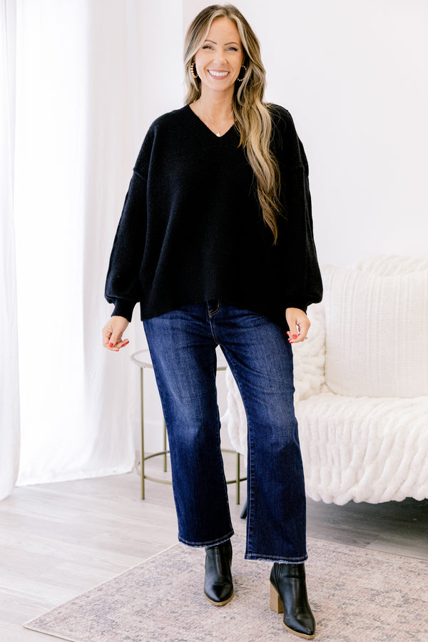Chic Soul plus size clothing, black long sleeve sweater with a slight v-neckline 