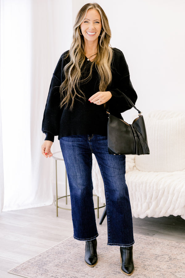 Chic Soul plus size clothing, black long sleeve sweater with a slight v-neckline 