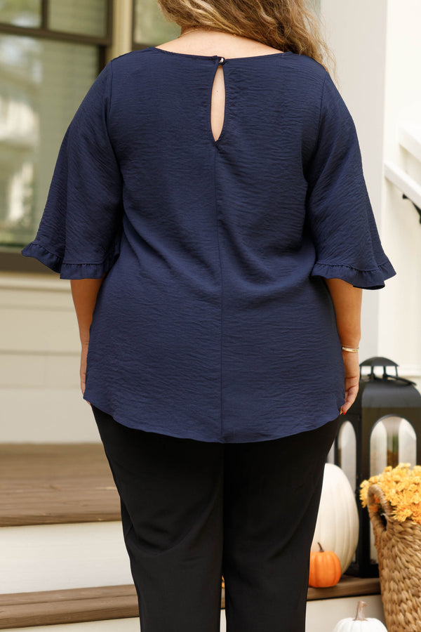Chic Soul plus size clothing, navy top with flutter sleeves