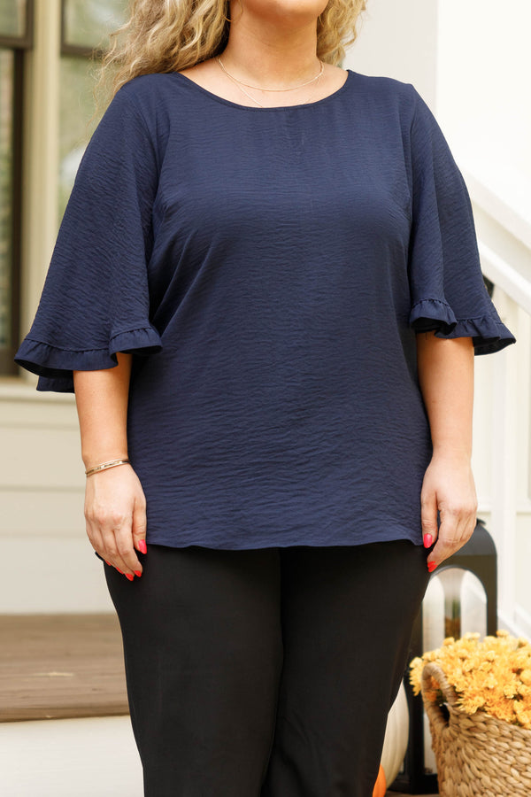 Chic Soul plus size clothing, navy top with flutter sleeves
