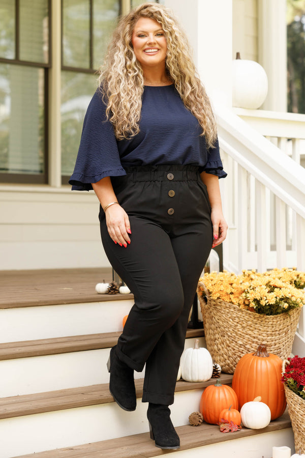 Chic Soul plus size clothing, navy top with flutter sleeves