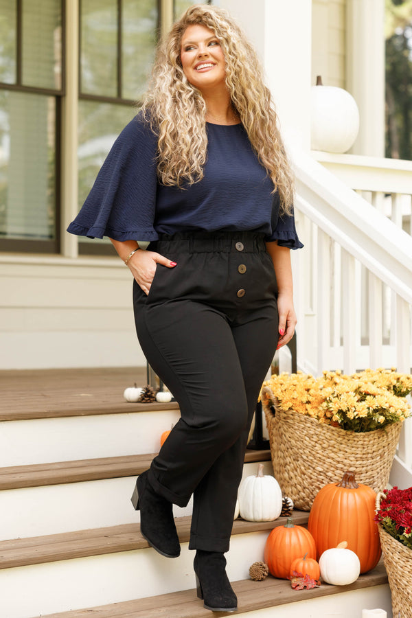 Chic Soul plus size clothing, navy top with flutter sleeves