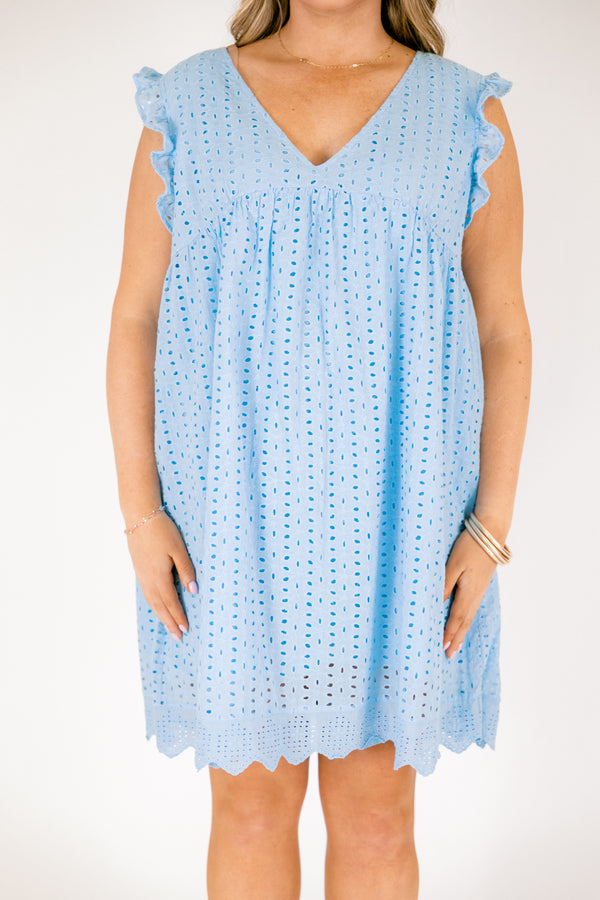 Chic Soul plus size clothing, light blue ruffle sleeveless short dress with v-neckline and eyelet detailing and scalloped hem at the bottom of the dress