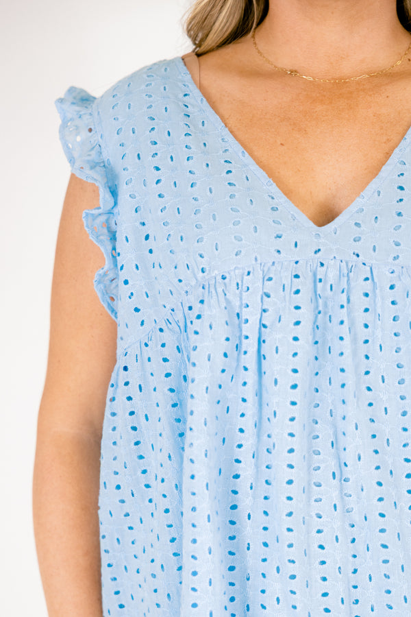 Chic Soul plus size clothing, light blue ruffle sleeveless short dress with v-neckline and eyelet detailing and scalloped hem at the bottom of the dress