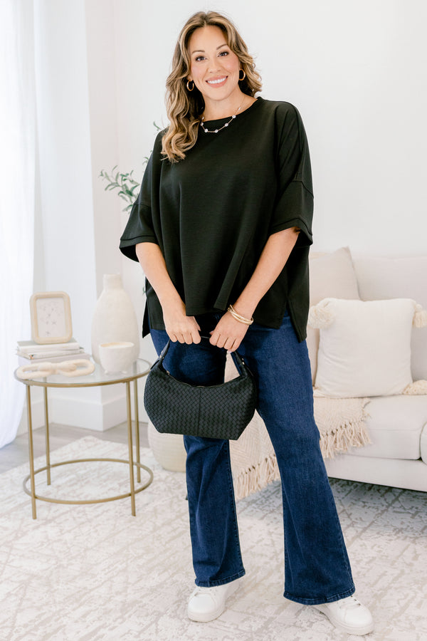 Chic Soul plus size clothing, black short sleeve flowy slightly cropped top