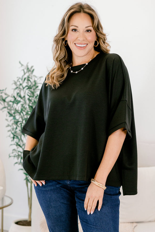 Chic Soul plus size clothing, black short sleeve flowy slightly cropped top