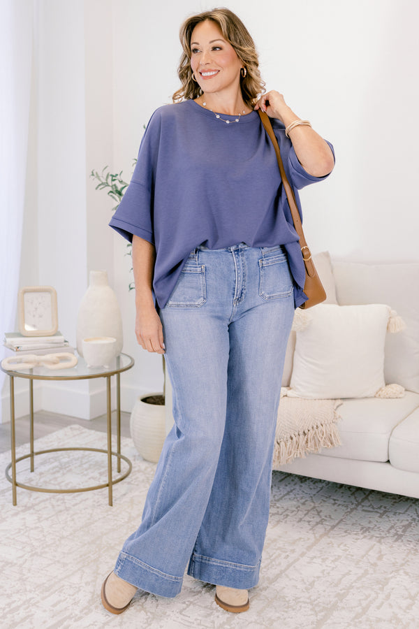 Chic Soul plus size clothing, dark blue short wide sleeve flowy tee