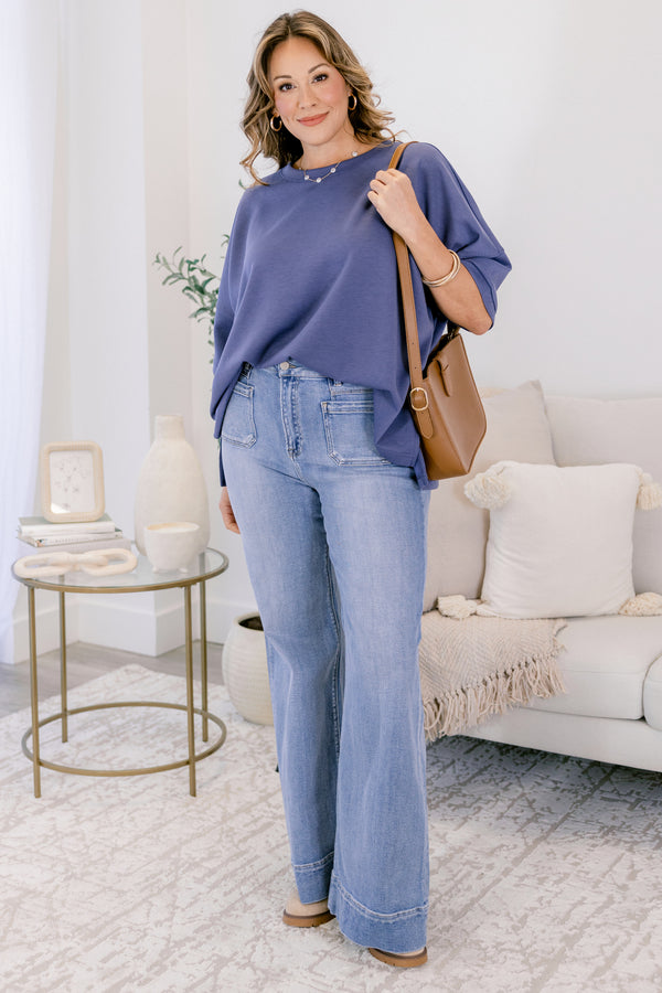 Chic Soul plus size clothing, dark blue short wide sleeve flowy tee