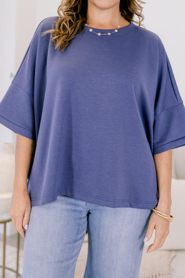 Chic Soul plus size clothing, dark blue short wide sleeve flowy tee