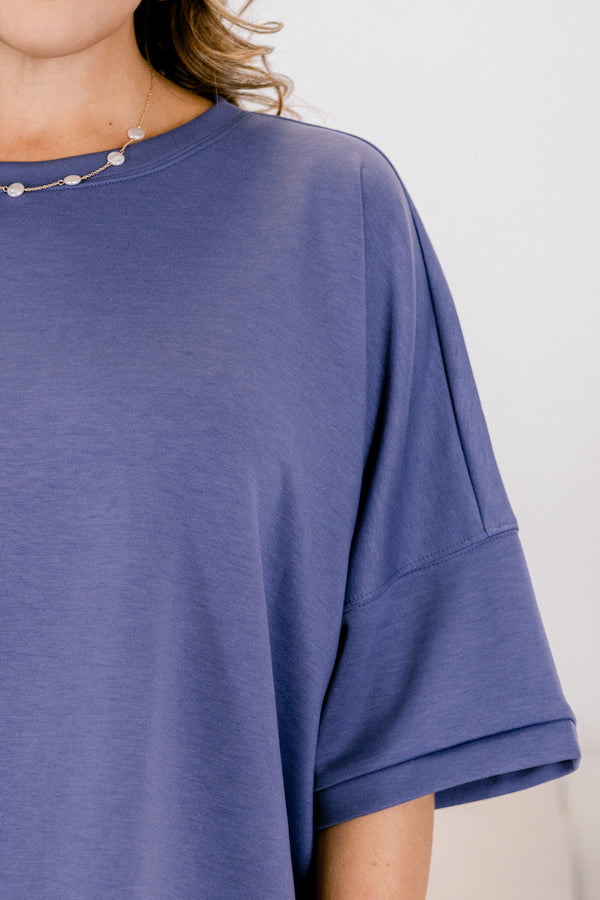 Chic Soul plus size clothing, dark blue short wide sleeve flowy tee