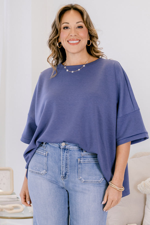 Chic Soul plus size clothing, dark blue short wide sleeve flowy tee
