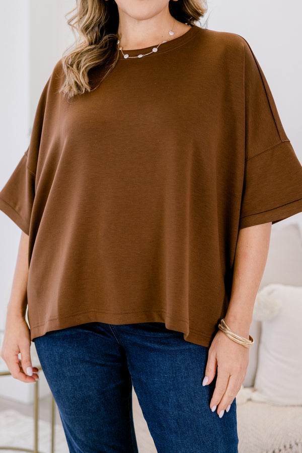 Chic Soul plus size clothing, brown short sleeve flowy slightly cropped top