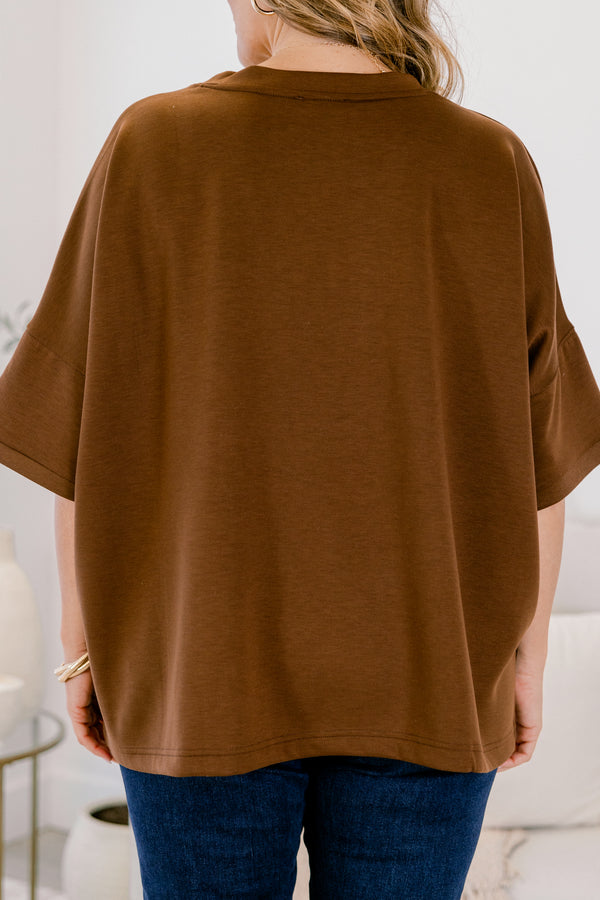 Chic Soul plus size clothing, brown short sleeve flowy slightly cropped top