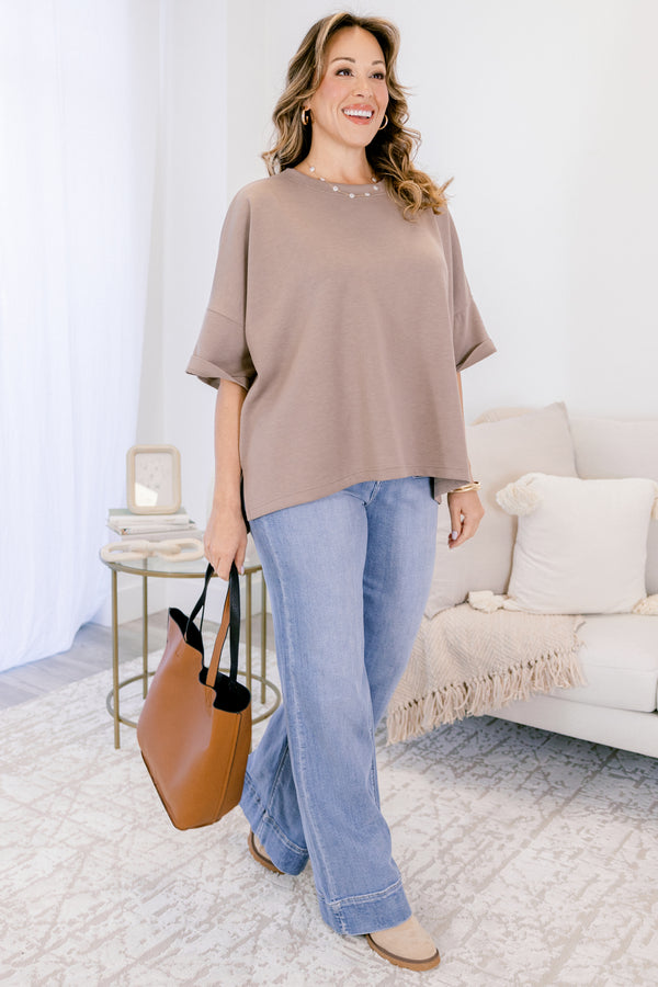 Chic Soul plus size clothing, light tan short sleeve flowy crew neck tee 