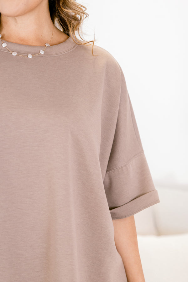 Chic Soul plus size clothing, light tan short sleeve flowy crew neck tee 