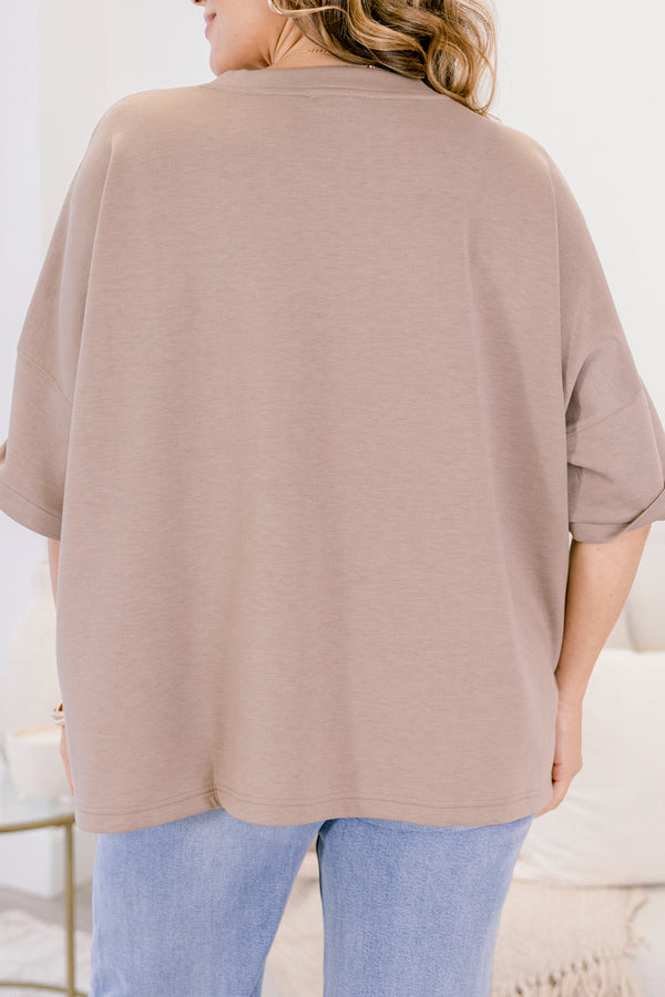 Chic Soul plus size clothing, light tan short sleeve flowy crew neck tee 