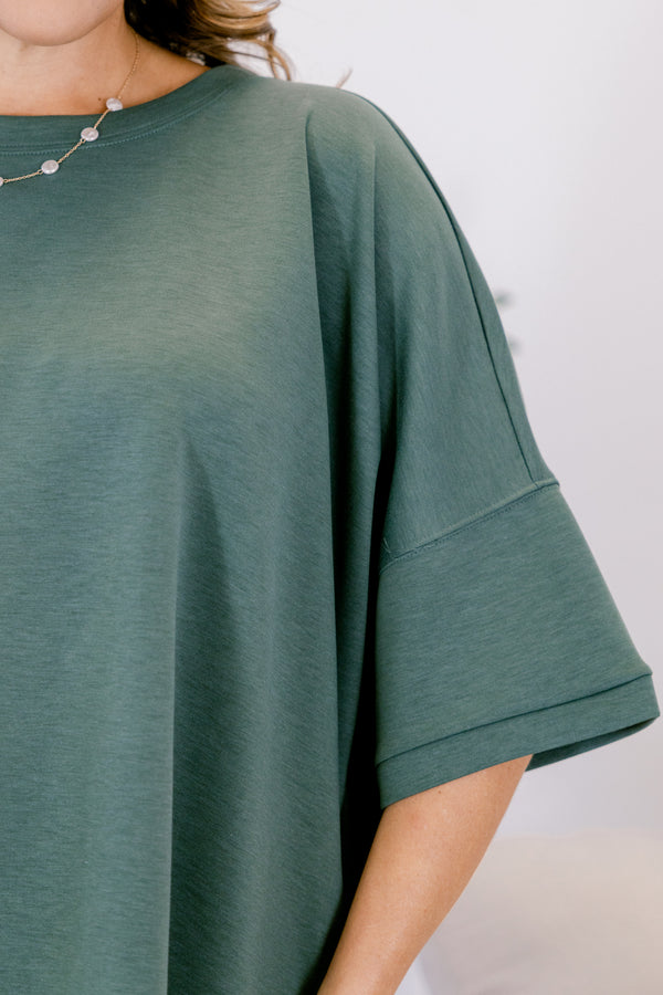 Chic Soul plus size clothing, dusty green short sleeve slightly cropped flowy tshirt top
